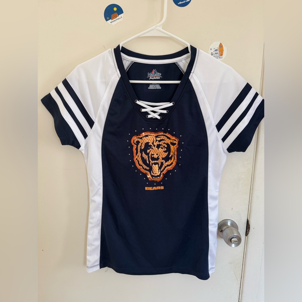 New CHICAGO BEARS Womens Jersey Majestic Fan Fashion Sequin Design Shirt - Size